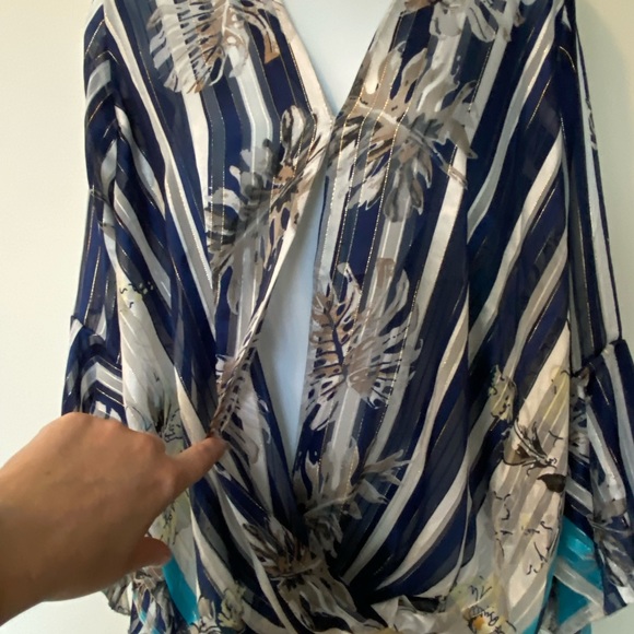 NWOT Beautiful Resort Sheer Wrap top stripped with monstera leaf & shimmer M - Picture 6 of 9